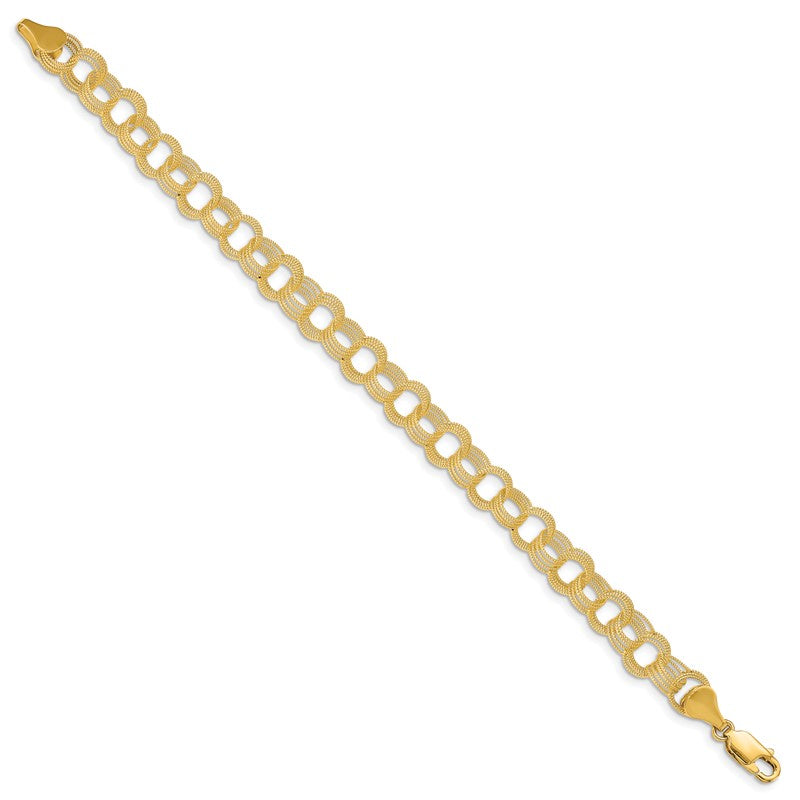 14k 7mm Solid Textured Triple Link 7 inch Charm Bracelet DO537