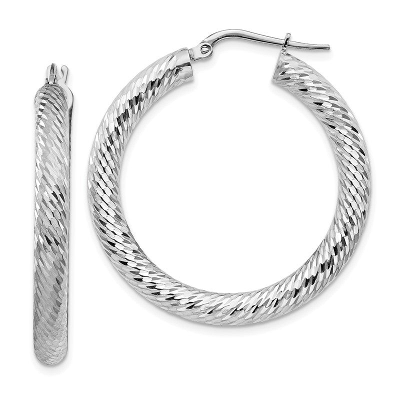 14k White Gold 4x35mm Diamond-cut Round Tube Hoop Earrings TF1335W