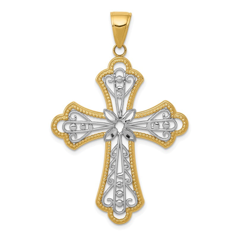 14K and White Rhodium Large Diamond-cut Filigree Cut-out Cross Pendant C4272