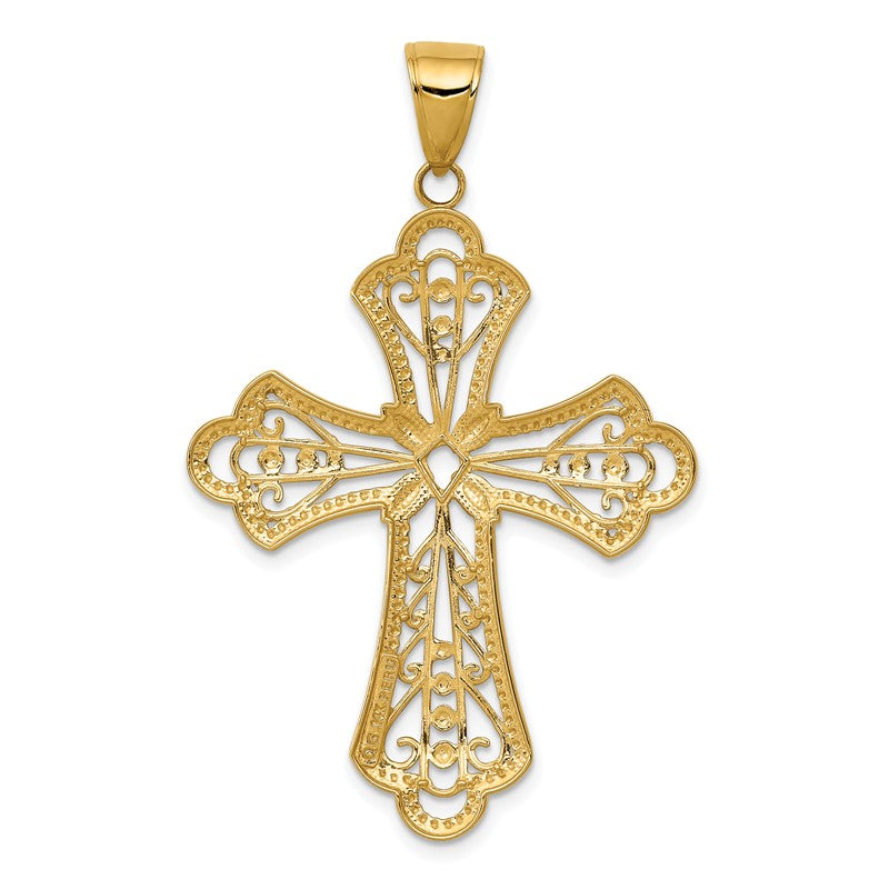 14K and White Rhodium Large Diamond-cut Filigree Cut-out Cross Pendant C4272