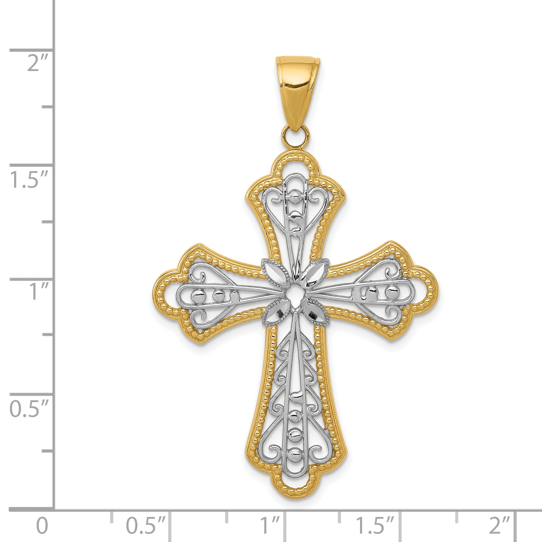 14K and White Rhodium Large Diamond-cut Filigree Cut-out Cross Pendant C4272