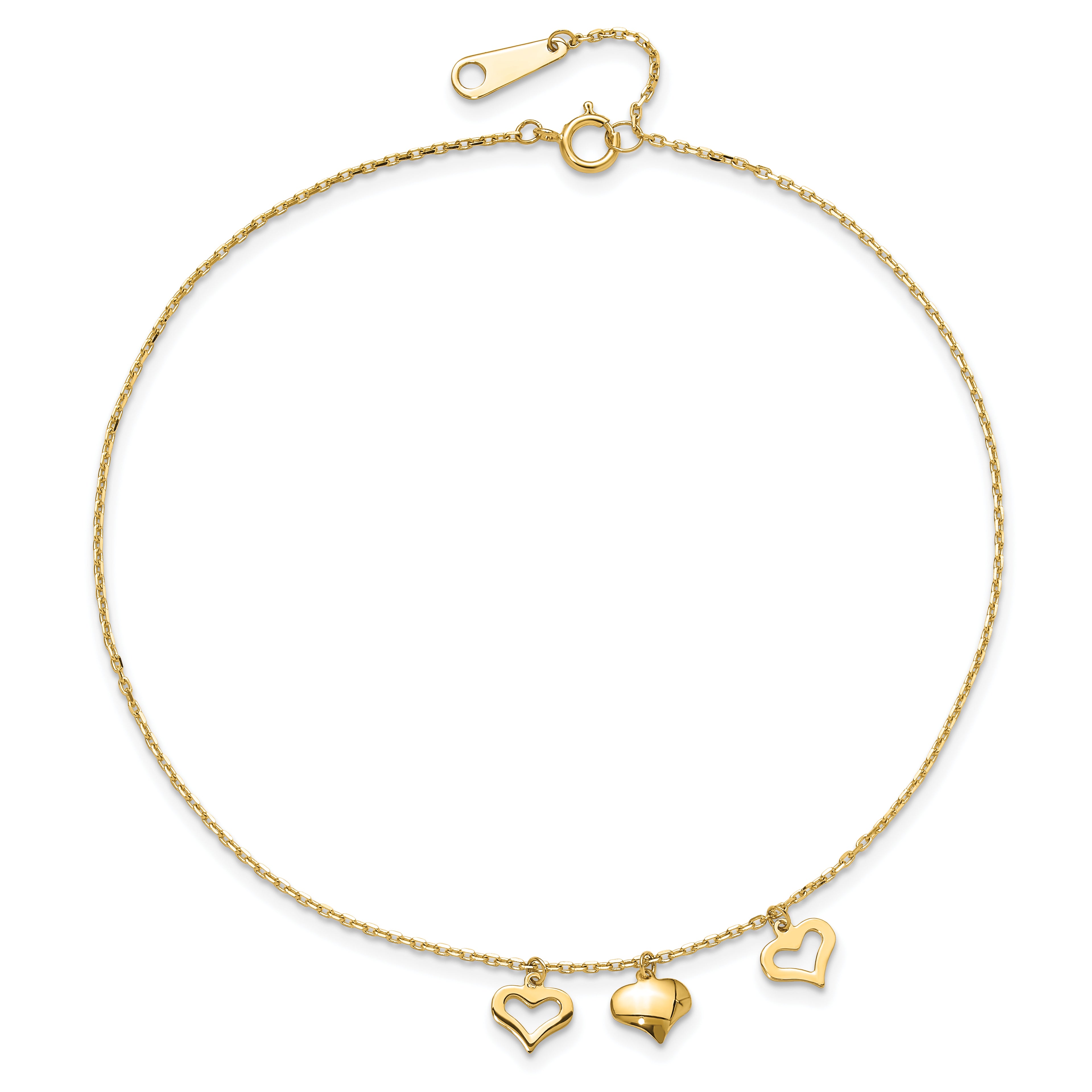 14k Three Heart Dangles 9 inch Plus 1 inch Extender - Total 10 inch Anklet ANK233