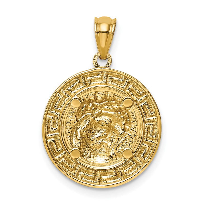 14K and White Rhodium with Greek Key Edge Jesus Medal C4710