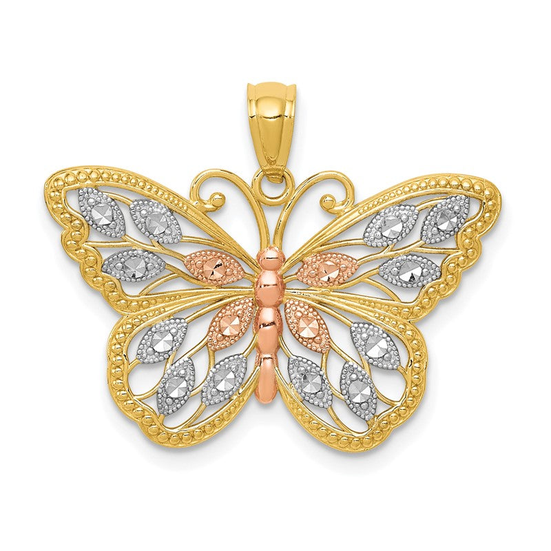 14k with White and Rose Rhodium Diamond-cut Butterfly Pendant D4380