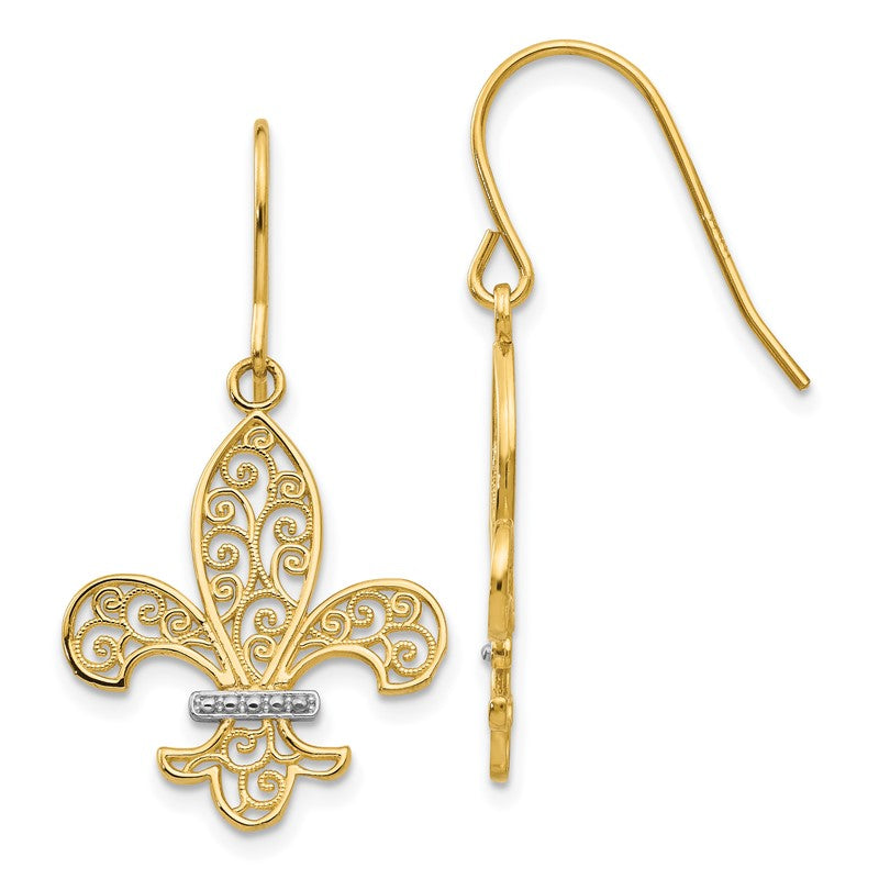 14k and White Rhodium Filigree Fleur de lis Dangle French Hook Earrings TM793