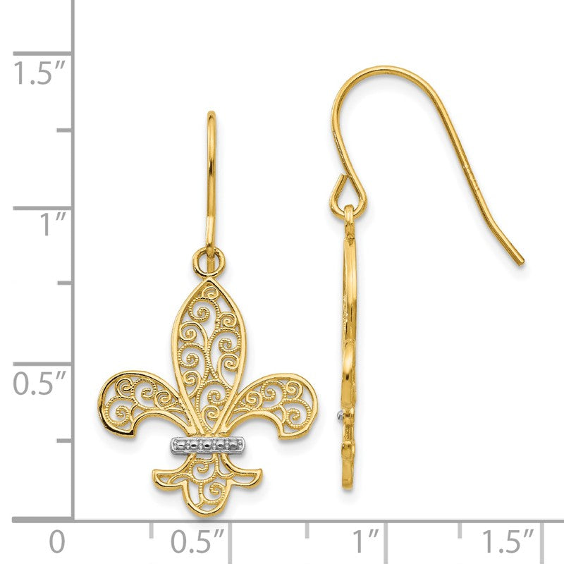 14k and White Rhodium Filigree Fleur de lis Dangle French Hook Earrings TM793