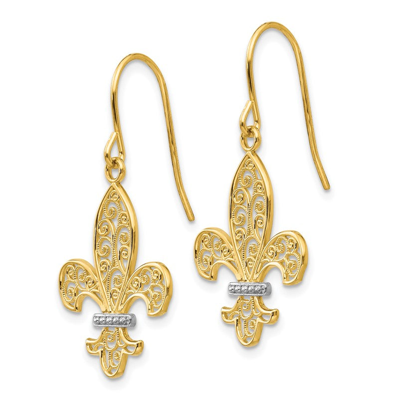 14k and White Rhodium Filigree Fleur de lis Dangle French Hook Earrings TM793