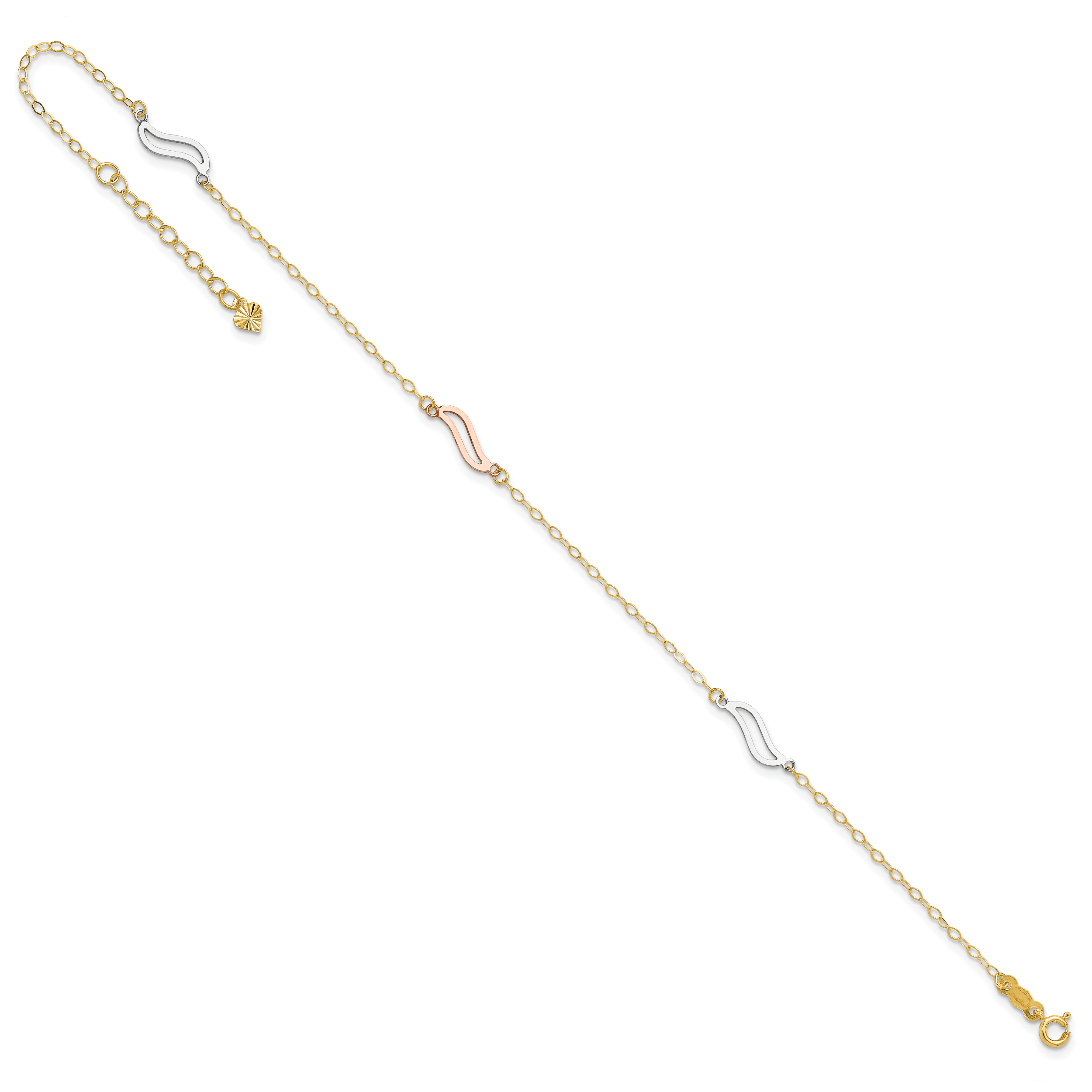 14K Tri-color Open Wavy Links 3-Station 9 inch Plus 1 inch Extender - Total 10 inch Anklet ANK268