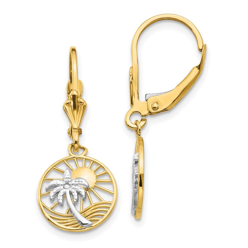 14k and White Rhodium Palm Tree and Sun in Circle Leverback Earrings H1128