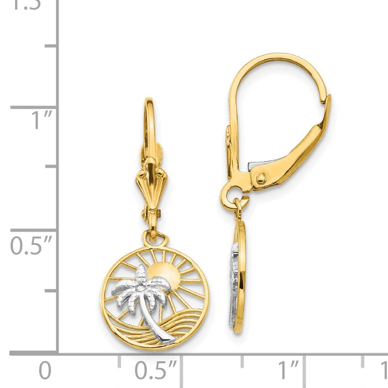 14k and White Rhodium Palm Tree and Sun in Circle Leverback Earrings H1128