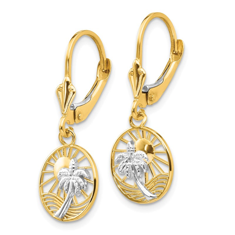 14k and White Rhodium Palm Tree and Sun in Circle Leverback Earrings H1128