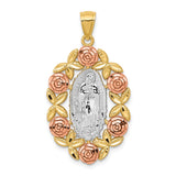 14K Two-Tone with White Rhodium Our Lady Of Guadalupe with Flowers Oval Pendant K6351