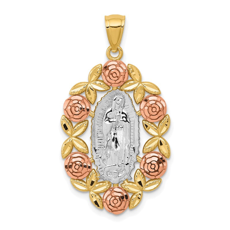 14K Two-Tone with White Rhodium Our Lady Of Guadalupe with Flowers Oval Pendant K6351