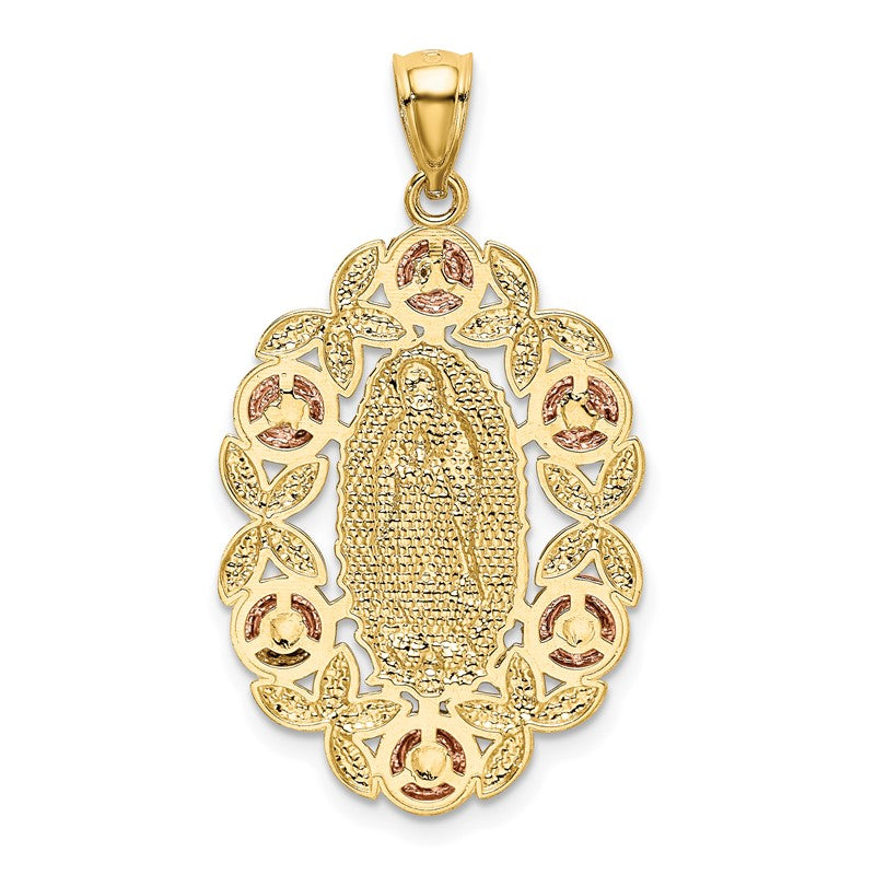 14K Two-Tone with White Rhodium Our Lady Of Guadalupe with Flowers Oval Pendant K6351