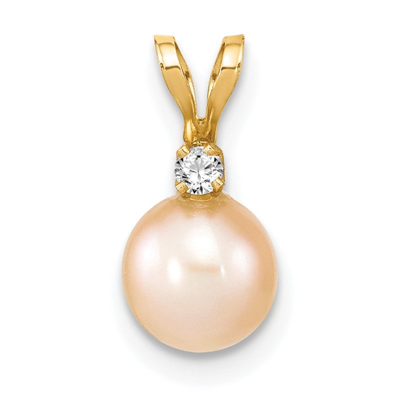14k 6-7mm Pink Round Freshwater Cultured Pearl and .03 Carat Diamond Pendant XF515