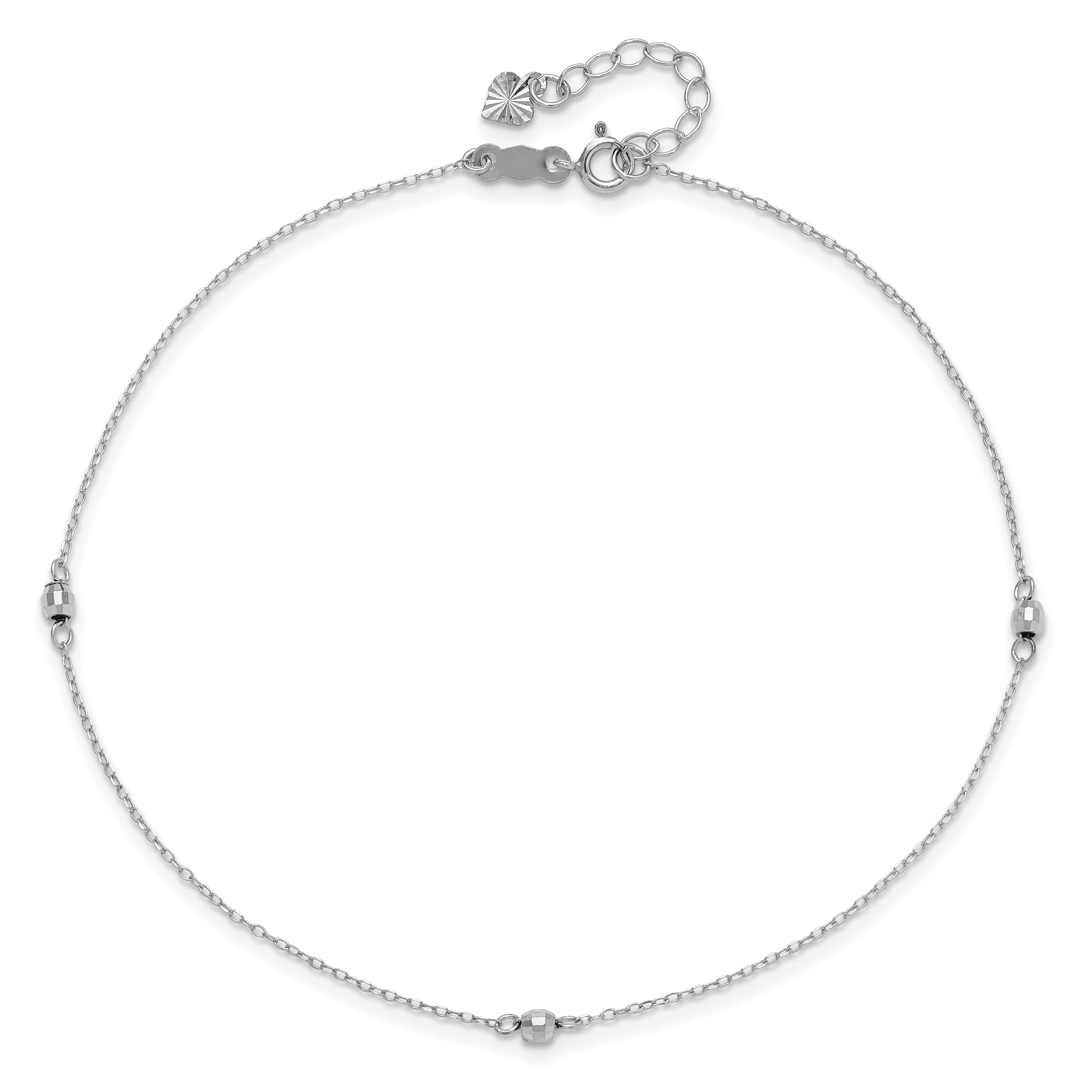 14K White Gold Mirror Beads 3-Station 9 inch Plus 1 inch Extender - Total 10 inch Anklet ANK191