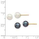 14k 6-7mm Black and White Round Freshwater Cultured Pearl 2 Pair Stud Post Earrings Set XF690ESET