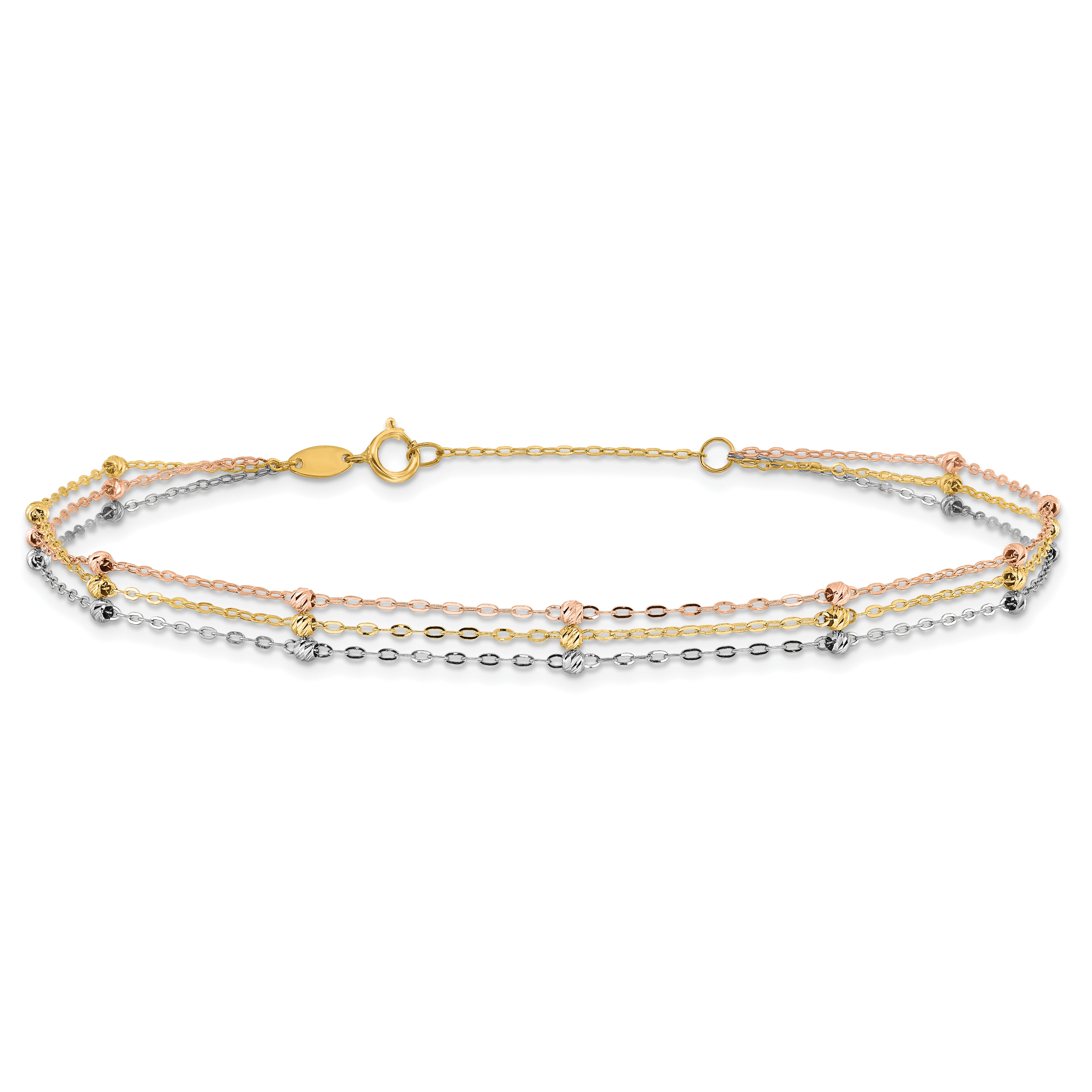14k Tri-color 3-Strand Diamond-cut Beaded 9-Station 9 inch Plus 1 inch Extender - Total 10 inch Anklet ANK290
