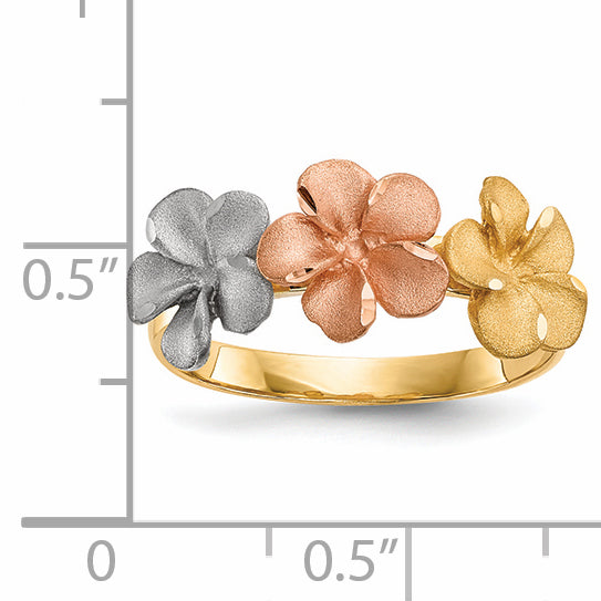 14k Two-tone with White Rhodium Satin Diamond-cut 3-Plumeria Flowers Ring R633