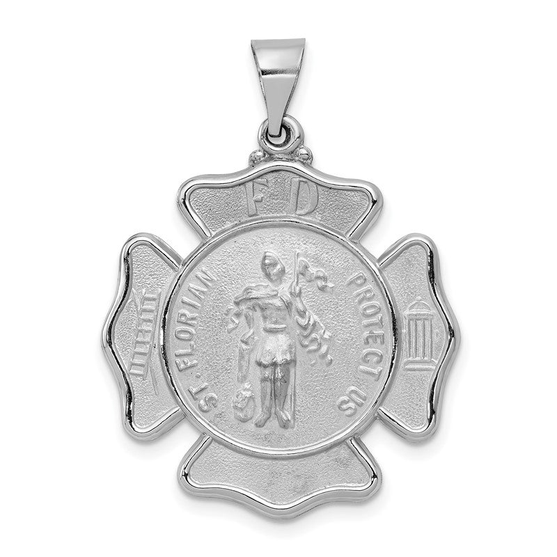 14k White Gold Polished and Satin Hollow St Florian Badge F.D. Medal Pendant XR1316