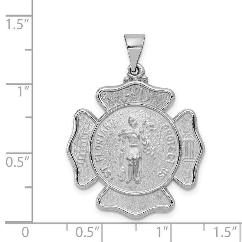 14k White Gold Polished and Satin Hollow St Florian Badge F.D. Medal Pendant XR1316