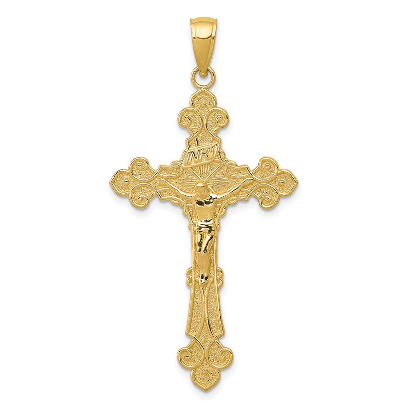 14K Polished Textured INRI Crucifix Fleur de Lis Pendant K5571