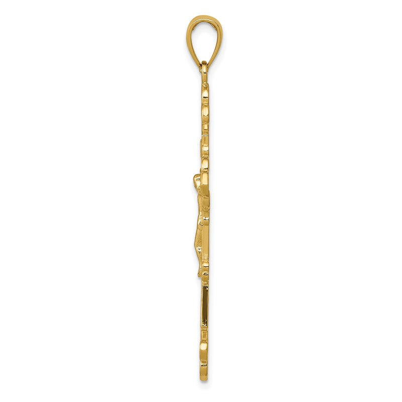 14K Polished Textured INRI Crucifix Fleur de Lis Pendant K5571