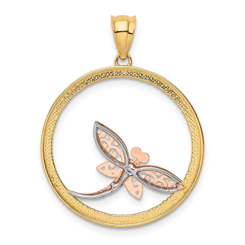 14K Two-tone with White Rhodium Dragonfly in Circle Pendant K3257