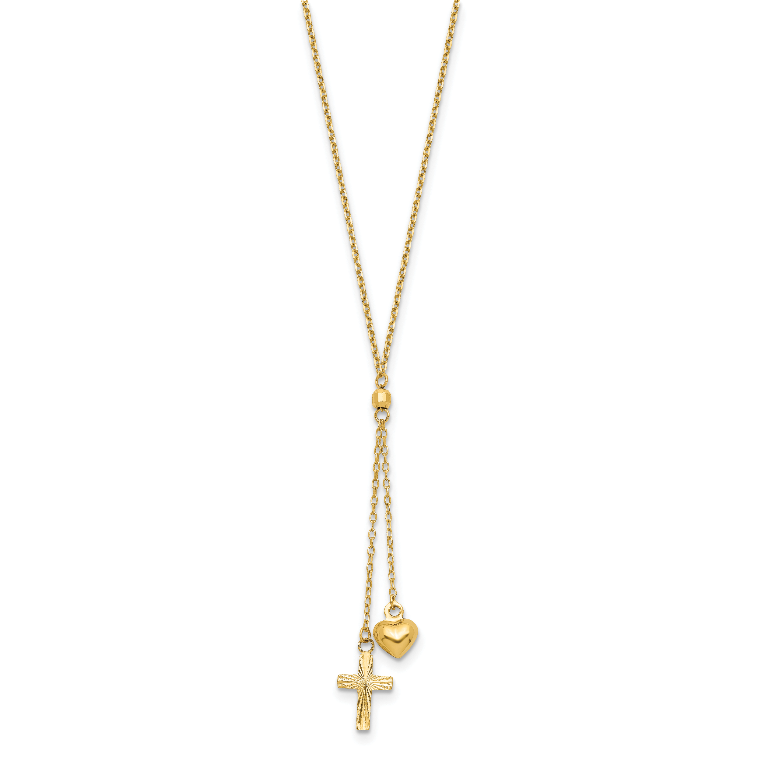 14K Puffed Heart and Diamond-cut Cross 16 inch Y-Necklace Plus 2 inch Extender SF2288