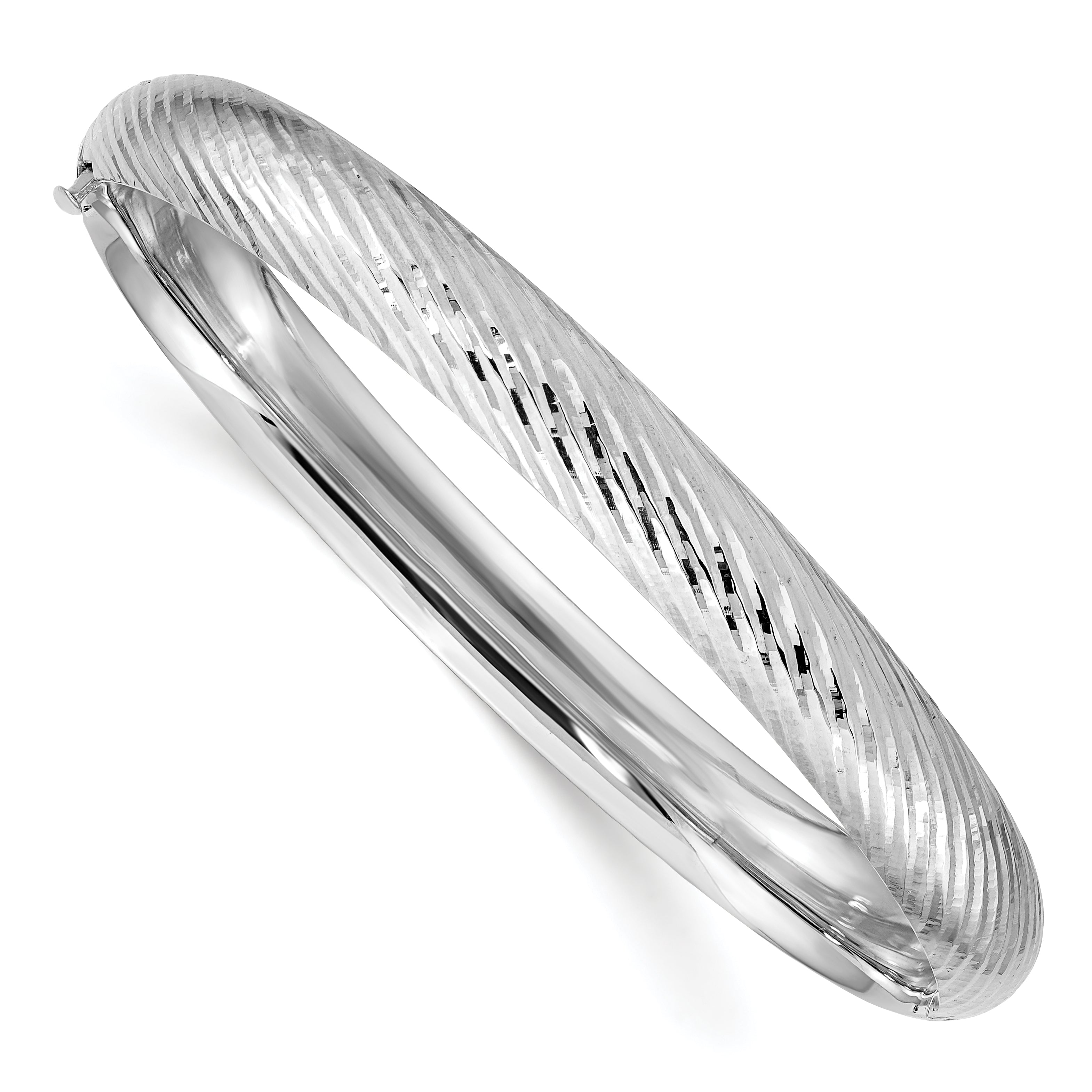 14k White Gold 5/16 Polished Textured 8.00mm Hinged Oval Bangle Bracelet DB654W