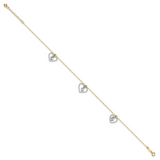 14K Two-tone Twisted Diamond-cut 3 Heart Dangles 9 inch Plus 1 inch Extender - Total 10 inch Anklet ANK258