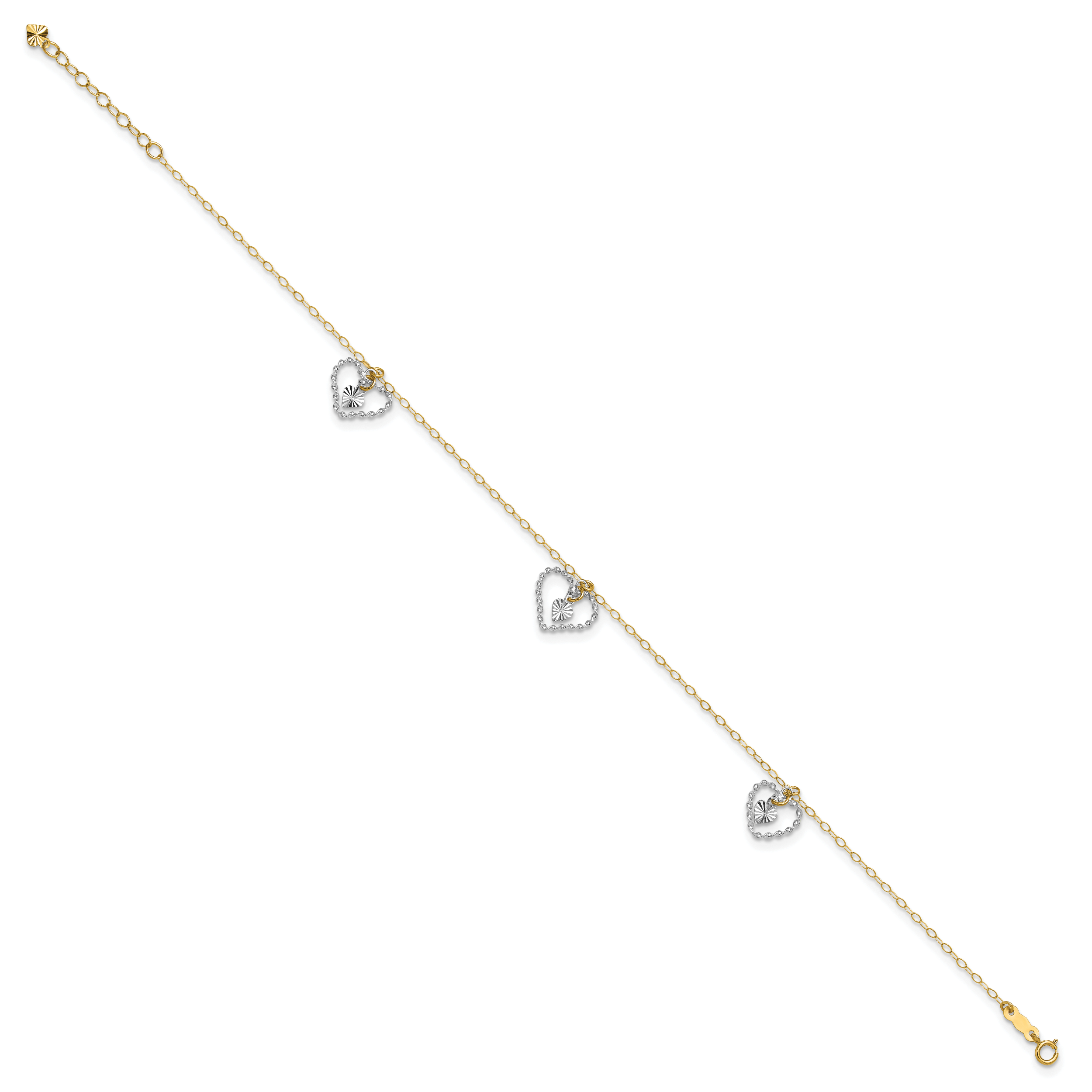 14K Two-tone Twisted Diamond-cut 3 Heart Dangles 9 inch Plus 1 inch Extender - Total 10 inch Anklet ANK258