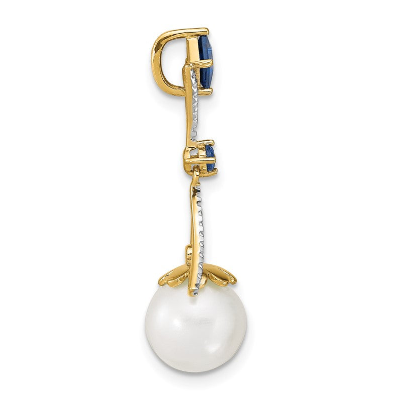 14k 8-9mm Round White Freshwater Cultured Pearl/Lab Created Sapphire/Diamond Chain Slide XP4168