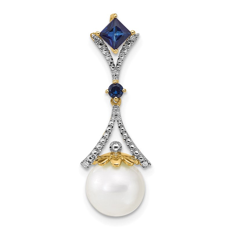 14k 8-9mm Round White Freshwater Cultured Pearl/Lab Created Sapphire/Diamond Chain Slide XP4168