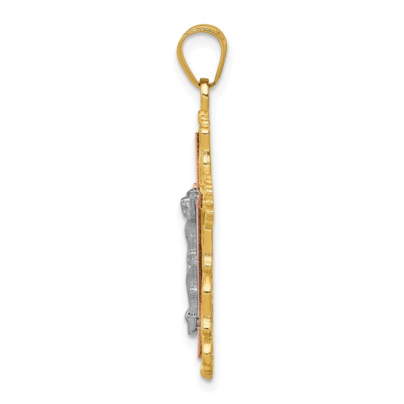 14K Tri-color Diamond-cut Filigree Crucifix Pendant D3644