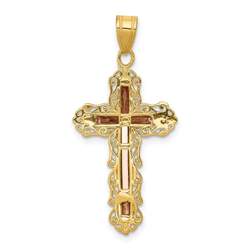 14K Tri-color Diamond-cut Filigree Crucifix Pendant D3644
