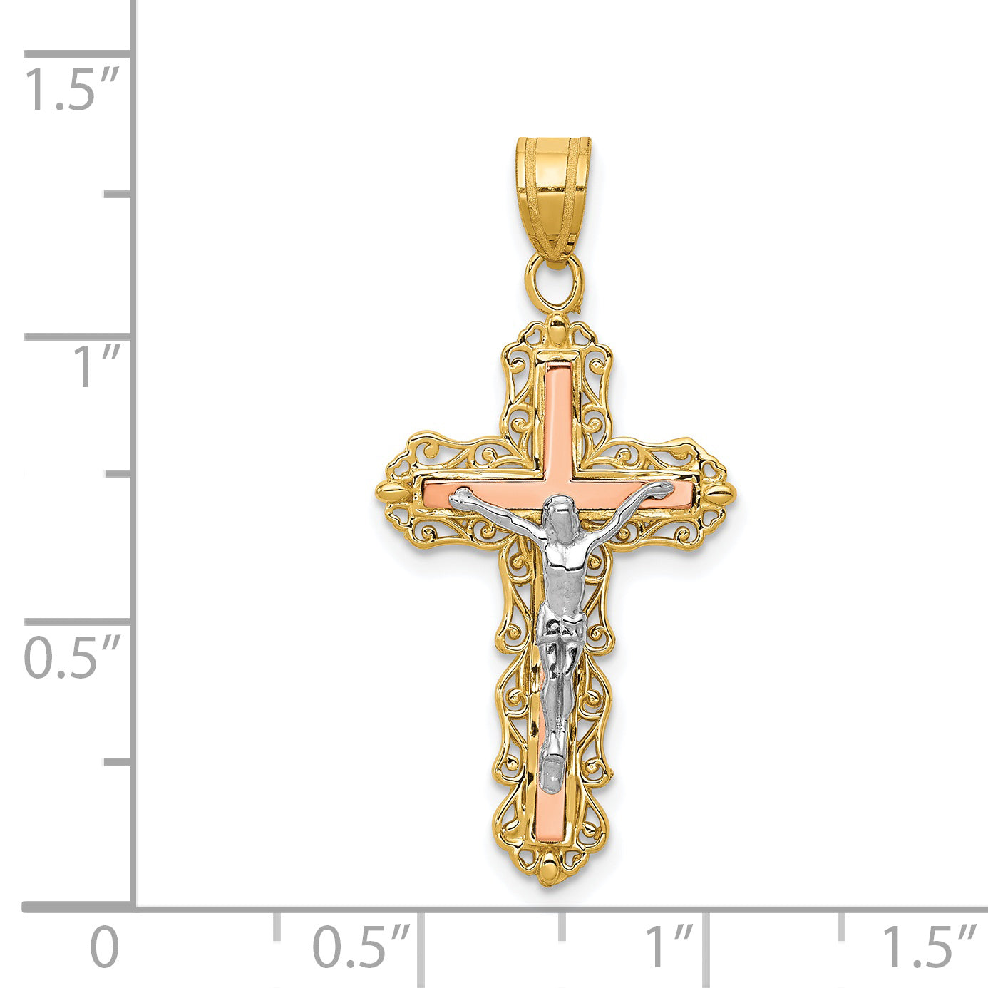 14K Tri-color Diamond-cut Filigree Crucifix Pendant D3644