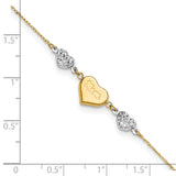 14K Two-tone Diamond-cut and MOM Puffed Heart 9 inch Plus 1 inch Extender - Total 10 inch Anklet ANK254