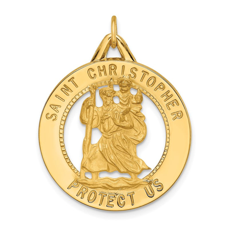 14k Polished and Satin Solid Cut-out St. Christopher Medal Round Pendant XR1797