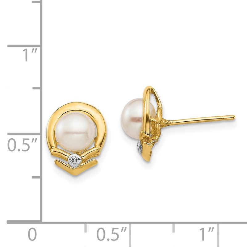 14k 5-6mm White Button Freshwater Cultured Pearl and .02 Carat Diamond Post Earrings XE3235AA