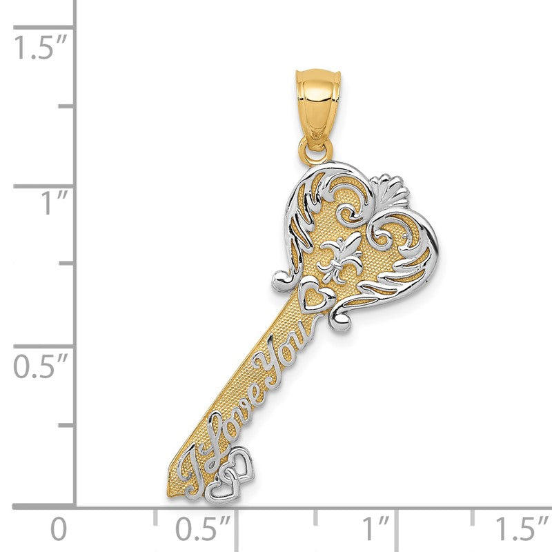 14K and White Rhodium Polished I LOVE YOU Script Fleur de Lis Heart Key Charm C4489
