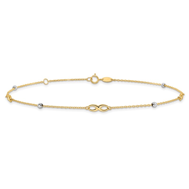 14K Two-Tone Diamond-cut Beads and Infinity 10 inch Plus 1 inch Extender - Total 11 inch Anklet ANK301