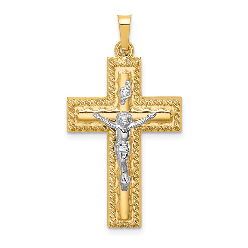 14k Two-tone Hollow Polished Rope Edge Latin Crucifix Pendant XR1857