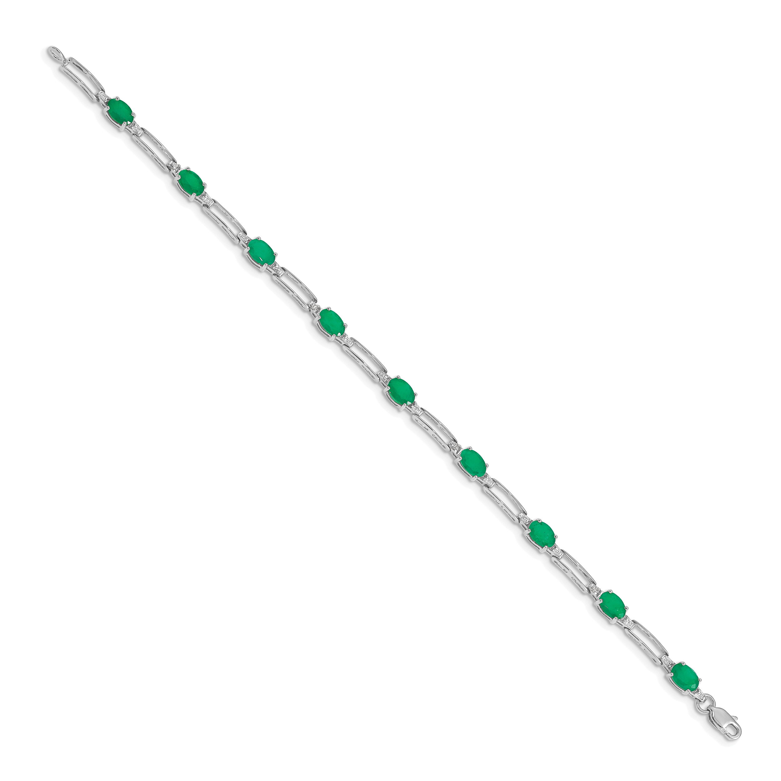 14k White Gold Complete Diamond and Oval Emerald Paperclip Link 7.25 inch Bracelet BM4489