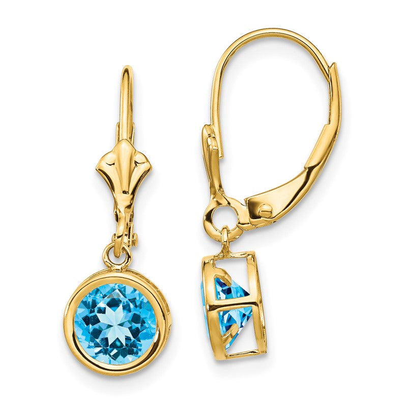 14k 6mm Round Blue Topaz Bezel Leverback Dangle Earrings XLB101BT