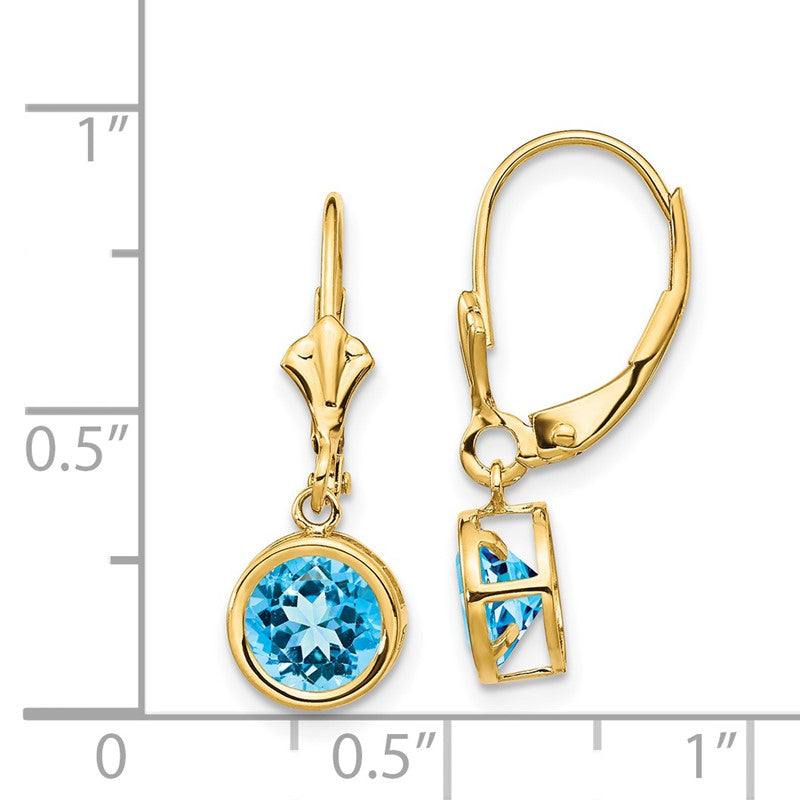 14k 6mm Round Blue Topaz Bezel Leverback Dangle Earrings XLB101BT