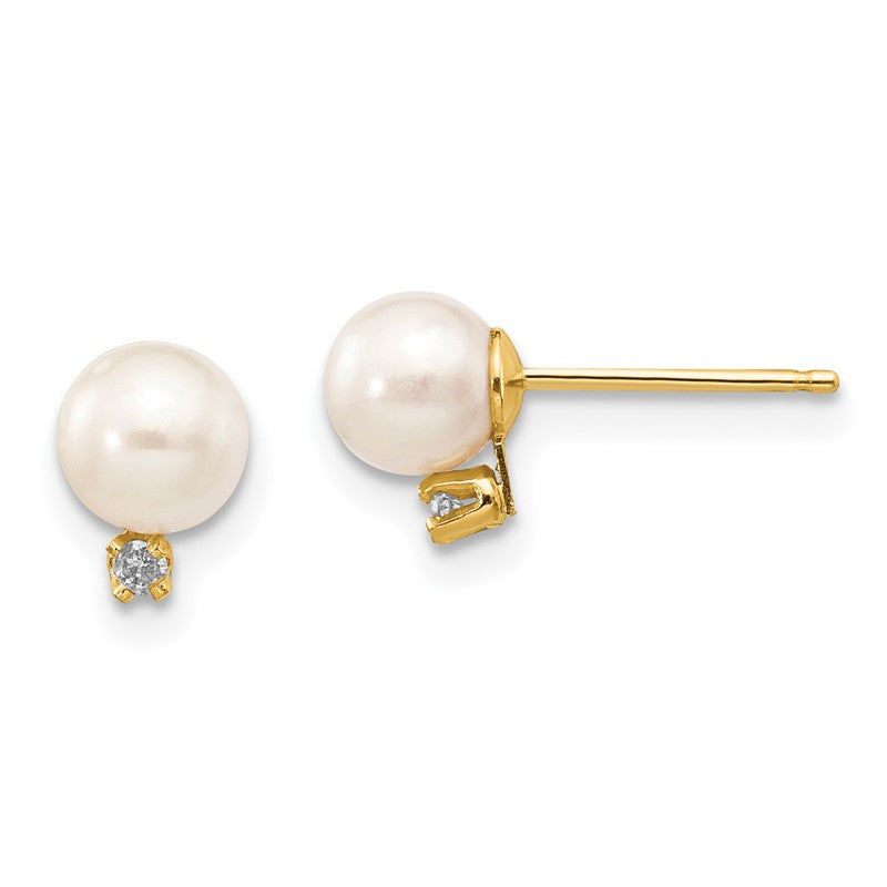 14k 5-6mm White Round Freshwater Cultured Pearl and .02 Carat Diamond Post Earrings XF514E