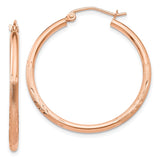 14k Rose Gold 2x30mm Lightweight Satin Diamond-cut Tube Hoop Earrings TF758