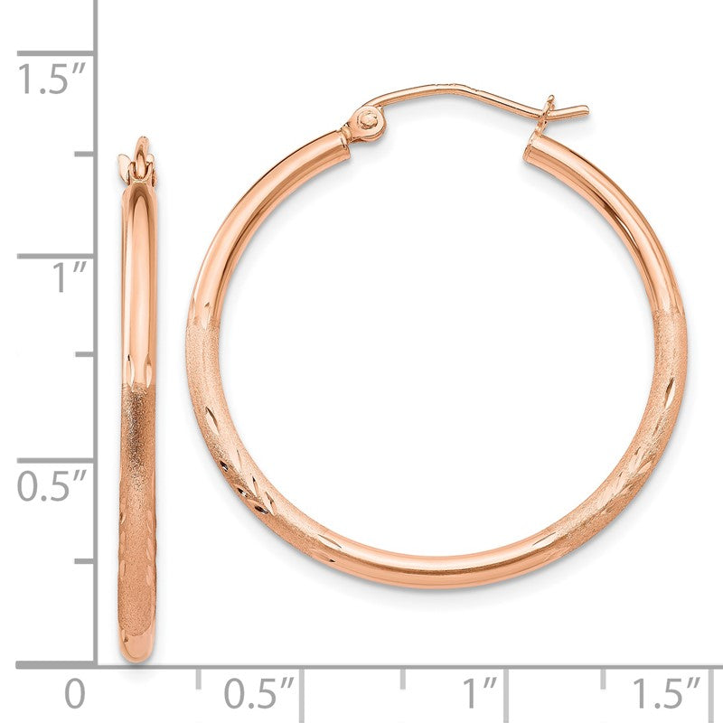 14k Rose Gold 2x30mm Lightweight Satin Diamond-cut Tube Hoop Earrings TF758