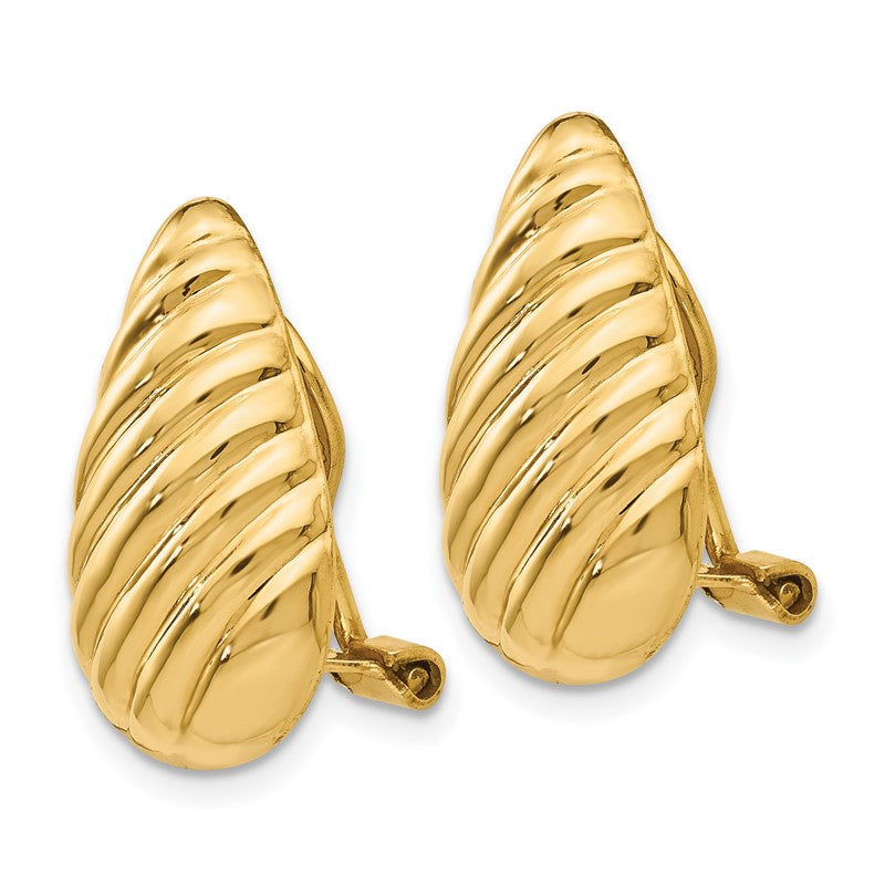 14k 11x20mm Polished Diagonal Stripe Teardrop Omega Back Non-pierced Earrings H634